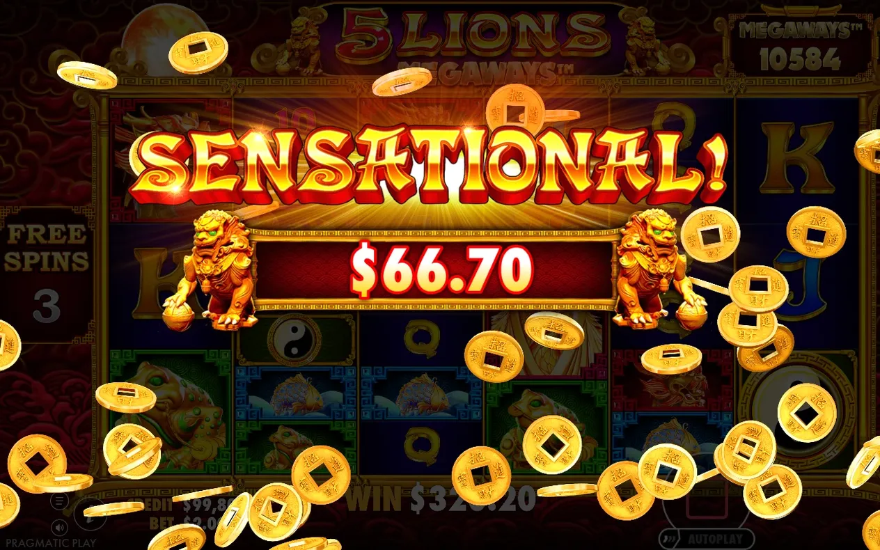 Ekran wielkiej wygranej „SENSATIONAL!” z kwotą $66.70, spadającymi złotymi monetami i licznikiem 3 free spinów.