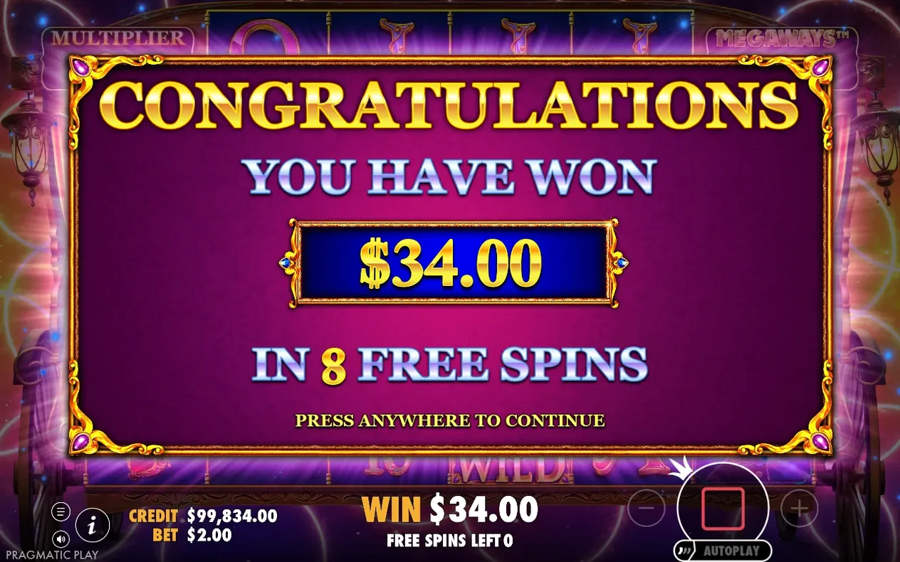 Congratulations screen: $34.00 won in 8 free spins on a gold-trimmed magenta plaque.