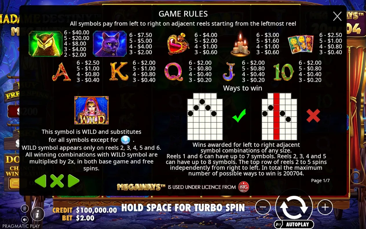 Game Rules paytable page 1/7 lists symbol payouts, wild substitution rules and ways-to-win diagrams.